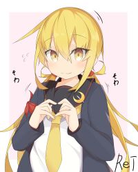 Rule 34 | 1girl, absurdres, black jacket, black sailor collar, black serafuku, blonde hair, commentary request, crescent, crescent pin, etsuransha no rei, heart, heart hands, highres, jacket, jewelry, kantai collection, light blush, long hair, looking at viewer, low twintails, necktie, ring, sailor collar, sailor shirt, satsuki (kancolle), satsuki kai ni (kancolle), school uniform, serafuku, shirt, simple background, smile, solo, twintails, upper body, wedding ring, white background, yellow eyes