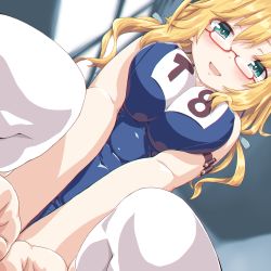 Rule 34 | 1girl, armband, blonde hair, blue eyes, blush, breasts, breasts squeezed together, covered erect nipples, covered navel, dd (ijigendd), from below, glasses, highres, i-8 (kancolle), kantai collection, large breasts, long hair, looking at viewer, low twintails, name tag, one-piece swimsuit, open mouth, red-framed eyewear, school swimsuit, semi-rimless eyewear, sitting, skindentation, smile, solo, swimsuit, thighhighs, twintails, under-rim eyewear, white thighhighs