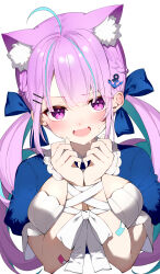 Rule 34 | 1girl, absurdres, ahoge, anchor hair ornament, animal ear fluff, animal ears, bandaid, bandaid on arm, blue hair, blush, bound, bound wrists, braid, breasts, cat ears, colored inner hair, darjeeling (reley), extra ears, hair ornament, hair ribbon, highres, hololive, large breasts, long hair, minato aqua, minato aqua (1st costume), multicolored hair, open mouth, pink hair, purple eyes, ribbon, short sleeves, simple background, solo, twintails, upper body, virtual youtuber, white background