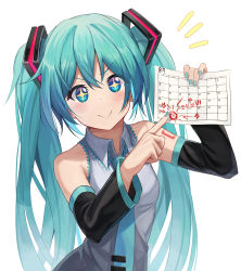 Rule 34 | 1girl, 39, :&gt;, ^^^, bare shoulders, bib (bibboss39), blouse, blue eyes, blue hair, blue nails, blue necktie, blush, calendar (object), closed mouth, clothing cutout, collared shirt, commentary request, detached sleeves, grey shirt, hatsune miku, highres, holding, long hair, long sleeves, nail polish, necktie, pointing, shirt, shoulder cutout, simple background, sleeveless, sleeveless shirt, smug, solo, sparkling eyes, translated, twintails, upper body, v-shaped eyebrows, very long hair, vocaloid, white background
