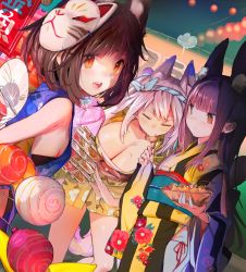 Rule 34 | 3girls, :d, animal ear fluff, animal ears, azur lane, blue kimono, breasts, brown hair, character request, cleavage, closed mouth, eyebrows hidden by hair, food, food theft, fox mask, from behind, hachimaki, hand fan, headband, highres, hougu souji, japanese clothes, kimono, large breasts, looking at viewer, looking back, mask, mask on head, multiple girls, nejiri hachimaki, obi, open mouth, orange eyes, paper fan, purple hair, sash, sideboob, small breasts, smile, takoyaki, white hair, yakisoba, yellow kimono