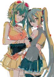 Rule 34 | 2girls, absurdres, blue hair, blue skirt, breasts, collared shirt, goggles, goggles on head, gomiyama, green hair, green skirt, grey shirt, gumi, hatsune miku, headset, highres, hug, long hair, looking at viewer, medium breasts, multiple girls, orange shirt, shirt, short hair, sketch, skirt, sleeveless, sleeveless shirt, sleeves past wrists, smile, thigh strap, thighhighs, tongue, tongue out, twintails, vocaloid, white background