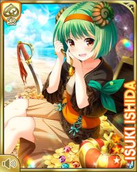 Rule 34 | 1girl, :d, beach, black jacket, brown skirt, card, character name, coin, day, fossil, girlfriend (kari), gold coin, green hair, hair ornament, headband, ishida isuki, jacket, official art, open mouth, orange headband, outdoors, pirate costume, pointing, qp:flapper, saber (weapon), shirt, short hair, sitting, skirt, smile, solo, sword, tagme, treasure chest, weapon, yellow eyes