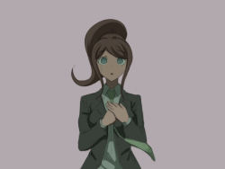 Rule 34 | 1girl, :o, asahina aoi, black jacket, brown hair, brown necktie, collared shirt, danganronpa (series), danganronpa 3 (anime), grey background, grey shirt, hands up, jacket, necktie, official alternate costume, own hands together, ponytail, qosic, shirt, simple background, solo, tears, upper body