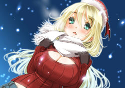 Rule 34 | 10s, 1girl, alternate costume, aqua eyes, atago (kancolle), black gloves, blonde hair, blush, breasts, cleavage, cleavage cutout, clothing cutout, dutch angle, female focus, gloves, hat, kantai collection, large breasts, long hair, looking at viewer, meme attire, open-chest sweater, open mouth, santa hat, scarf, smile, snowing, sogabe toshinori, solo, steam, sweater, upper body