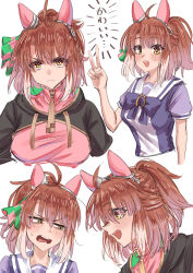 Rule 34 | 1girl, absurdres, animal ears, bow, breasts, brown hair, closed mouth, collar, commentary request, dantsu flame (umamusume), ear covers, ear ornament, frown, hair between eyes, headband, highres, horse ears, horse girl, looking at viewer, medium breasts, medium hair, multicolored hair, multiple views, murderdoll1641, open mouth, puffy short sleeves, puffy sleeves, purple bow, purple shirt, sailor collar, school uniform, shirt, short hair, short sleeves, simple background, smile, streaked hair, summer uniform, teeth, umamusume, upper body, upper teeth only, v, v-shaped eyebrows, white hair, yellow eyes