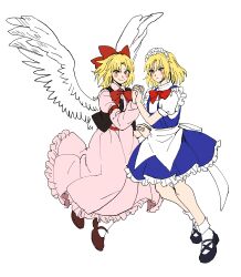 2girls absurdres angel_wings apron black_footwear black_vest blonde_hair blue_dress bow bowtie brown_footwear closed_mouth collared_shirt commentary_request dress feathered_wings frilled_dress frills gengetsu_(touhou) hair_bow happy highres holding_hands kuya_(hey36253625) long_dress maid maid_headdress mary_janes medium_hair mugetsu_(touhou) multiple_girls pink_dress puffy_short_sleeves puffy_sleeves red_bow red_bowtie red_sash sash shirt shoes short_sleeves simple_background smile socks touhou touhou_(pc-98) vest waist_apron white_apron white_background white_socks white_wings wings