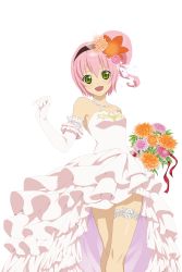Rule 34 | 1girl, absurdres, bouquet, dress, elbow gloves, flower, frilled skirt, frills, gloves, hair flower, hair ornament, hairband, highres, holding, jewelry, kanonno grassvalley, long hair, necklace, official art, open mouth, pink hair, side ponytail, simple background, skirt, solo, strapless, strapless dress, tales of (series), tales of link, tales of the world radiant mythology 2, tales of the world radiant mythology 3, thigh strap, wedding dress, white background, white dress, white gloves