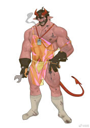 Rule 34 | 1boy, abs, apron, bara, beard, black gloves, bulge, chest hair, colored skin, demon boy, demon horns, demon tail, dirty, dirty clothes, facial hair, full body, gloves, hair between eyes, holding, holding wrench, horns, large pectorals, leg hair, male focus, male underwear, male underwear pull, mature male, muscular, muscular male, mustache, navel, navel hair, nipples, no pants, orange apron, original, pectorals, pink skin, pulling own clothes, seductive smile, see-through, short hair, sideburns, smile, socks, solo, stomach, tail, thick eyebrows, thick thighs, thighs, underwear, wrench