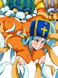 Rule 34 | 1girl, arms behind back, ass, blue hair, blush, boots, breasts, clenched teeth, cunnilingus, dragon quest, dragon quest iii, hat, highres, king squid, large breasts, legs, legs up, licking, long hair, looking away, machwing, monster, nipple stimulation, nipple tweak, nipples, oral, priest (dq3), rape, red eyes, restrained, simple background, skin tight, squid, sweat, teeth, tentacles, thighs, torn clothes, white background