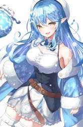 Rule 34 | 1girl, absurdres, armpit crease, bare shoulders, bear, belt, blue hair, bow, bowtie, braid, breasts, bright pupils, center frills, coat, cowboy shot, dress, flower, frills, fur trim, hair flower, hair ornament, halterneck, highres, hololive, huge filesize, large breasts, long hair, long sleeves, looking at viewer, open mouth, pointy ears, polar bear, ringopan, smile, snowflake print, thighhighs, underbust, virtual youtuber, yellow eyes, yukihana lamy, zettai ryouiki