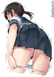 Rule 34 | 1girl, ass, black eyes, black hair, blue skirt, bow, cowboy shot, crying, crying with eyes open, ebifurya, from behind, from below, fubuki (kancolle), hair bow, highres, kantai collection, leaning forward, looking at viewer, looking back, low ponytail, panties, panty pull, pleated skirt, ponytail, pulling own clothes, pussy juice, school uniform, serafuku, short ponytail, sidelocks, simple background, skirt, solo, tears, thighs, trembling, twitter username, underwear, wavy mouth, white background, white panties