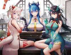 Rule 34 | 3girls, :p, ;d, absurdres, arknights, ass, bare legs, bare shoulders, bead bracelet, beads, binggong asylum, black footwear, black gloves, black hair, blue dress, blue eyes, blue hair, blue skin, blush, bracelet, breast hold, breasts, china dress, chinese clothes, closed mouth, clothing cutout, colored skin, cup, detached collar, dragon girl, dragon horns, dragon tail, dress, dusk (arknights), dusk (everything is a miracle) (arknights), earrings, elbow gloves, gloves, gradient skin, hair between eyes, high heels, highres, holding, holding cup, horns, impossible clothes, impossible dress, jewelry, large breasts, leg tattoo, ling (arknights), long hair, looking at viewer, looking back, multicolored hair, multiple girls, neck ribbon, necktie, nian (arknights), nian (unfettered freedom) (arknights), official alternate costume, one eye closed, open mouth, parted lips, pelvic curtain, pointy ears, purple eyes, red eyes, red hair, red ribbon, red skin, ribbon, shoe dangle, short hair, short ponytail, siblings, sisters, sitting, sleeveless, sleeveless dress, smile, strapless, streaked hair, table, tail, tail through clothes, tattoo, tongue, tongue out, very long hair, white dress, wooden table, yellow necktie