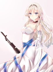 Rule 34 | 1girl, absurdres, alternate costume, an-94, an-94 (girls&#039; frontline), assault rifle, bare shoulders, blonde hair, blue eyes, blush, braid, breasts, bridal veil, choker, closed mouth, collarbone, dress, elbow gloves, evening, french braid, girls&#039; frontline, gloves, gun, hair between eyes, hair ribbon, hairband, highres, holding, holding gun, holding weapon, impossible clothes, jewelry, long hair, looking away, looking down, medium breasts, pink background, ribbon, rifle, ring, sidelocks, simple background, sparkle, strapless, strapless dress, tress ribbon, veil, weapon, wedding band, wedding dress, white dress, white gloves, yunmoew