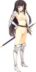 Rule 34 | 1girl, absurdres, armor, armored boots, black hair, boots, breasts, highres, koikishi purely kiss, large breasts, long hair, nipples, no bra, nude, sabaton, shidou mana, simple background, solo, sword, weapon, white background, yuuki hagure