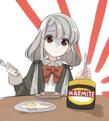 Rule 34 | 1girl, :o, black jacket, blush stickers, bow, bread slice, brown eyes, collared shirt, commentary request, dress shirt, egg (food), food, fork, fried egg, grey hair, hair between eyes, hands up, highres, hisakawa nagi, holding, holding fork, holding knife, idolmaster, idolmaster cinderella girls, idolmaster cinderella girls starlight stage, jacket, juliet sleeves, knife, long hair, long sleeves, low twintails, marmite, parted lips, plate, puffy sleeves, red bow, shirt, shiwa (siwaa0419), solo, table, toast, turn pale, twintails, upper body, white background, white shirt