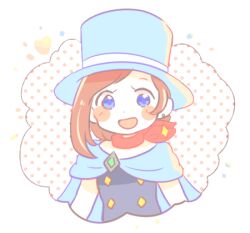 Rule 34 | 1girl, :d, ace attorney, blue cape, blue eyes, blue hat, blush, brown hair, cape, dress, earrings, hat, jewelry, looking at viewer, lowres, mai8484, open mouth, red scarf, scarf, short hair, smile, solo, top hat, trucy wright