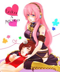 Rule 34 | 2girls, bad id, bad pixiv id, blue eyes, blue nails, boots, breasts, cleavage, closed eyes, hairband, heart, lap pillow, large breasts, long hair, megurine luka, meiko (vocaloid), multiple girls, nail polish, nez-doll, pink hair, red nails, thighhighs, vocaloid, yuri