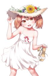 Rule 34 | 10s, 1girl, :d, bare arms, blush, breasts, brown eyes, brown hair, cleavage, collarbone, commentary request, dress, fang, flower, hat, hat flower, high heels, holding, holding shoes, kantai collection, kirigakure (kirigakure tantei jimusho), long hair, looking at viewer, open mouth, ryuujou (kancolle), shoes, unworn shoes, simple background, sleeveless, sleeveless dress, small breasts, smile, solo, spaghetti strap, sun hat, sundress, sunflower, twintails, underwear, white background, white dress