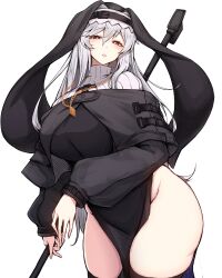Rule 34 | 1girl, absurdres, arknights, black capelet, black dress, black headwear, black thighhighs, black veil, blush, breasts, capelet, commentary, cowboy shot, curvy, dress, grey hair, groin, habit, hair between eyes, highres, holding, holding weapon, jewelry, large breasts, long hair, looking at viewer, necklace, nun, parted lips, pelvic curtain, red eyes, ribbed sweater, rikuguma, simple background, solo, specter (arknights), standing, sweater, thighhighs, thighs, turtleneck, turtleneck sweater, veil, weapon, white background, white sweater