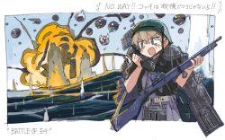Rule 34 | 1girl, abyssal ship, black shirt, bolt action, border, day, enemy aircraft (kancolle), english text, explosion, flight deck, green headwear, gun, helmet, holding, holding gun, holding weapon, intrepid (kancolle), jura cambri, kantai collection, light brown hair, m1903 springfield, neck pillow, neckerchief, open mouth, outdoors, rifle, rigging, shirt, short sleeves, skirt, sky, translation request, water, weapon, white border