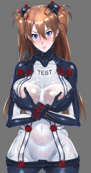 Rule 34 | 1girl, alternate breast size, alternate color, black bodysuit, blue eyes, blush, bodysuit, breast hold, breasts, covering privates, covering breasts, embarrassed, evangelion: 2.0 you can (not) advance, grabbing, grabbing another&#039;s breast, hair ornament, hair over one eye, highres, interface headset, ippo, large breasts, lips, long hair, looking at viewer, multicolored bodysuit, multicolored clothes, neon genesis evangelion, nipples, orange hair, pilot suit, plugsuit, rebuild of evangelion, see-through, see-through bodysuit, shiny clothes, simple background, sitting, skindentation, solo, souryuu asuka langley, test plugsuit, transparent, two side up, upper body, very long hair, wide hips