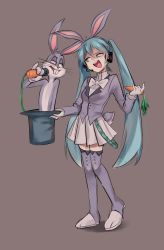 Rule 34 | 1boy, 1girl, animal ears, belt, blue eyes, blue hair, bow, bowtie, brown background, bugs bunny, carrot, collared shirt, crossover, full body, gloves, hair between eyes, hat, hatsune miku, headphones, headset, highres, himuhino, holding, holding carrot, holding clothes, holding hat, jacket, long hair, looking at another, looney tunes, microphone, miniskirt, open mouth, purple thighhighs, rabbit ears, rabbit tail, raised eyebrow, shirt, simple background, skirt, suit jacket, tail, thighhighs, top hat, twintails, unworn hat, unworn headwear, very long hair, vocaloid, whiskers, white gloves, white neckwear, white shirt, white skirt, zettai ryouiki