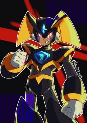 android armor bass_(mega_man) black_armor black_helmet character_name chest_jewel cowboy_shot facial_mark forehead_jewel glowing glowing_eyes helmet highres lautricius male_focus mega_man_(classic) mega_man_(series) red_eyes smirk teeth twitter_username