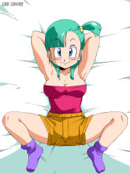 Rule 34 | 1girl, alternate hairstyle, amedama akihito, aqua hair, arms behind head, arms up, bare arms, bare legs, bed, blue eyes, blue socks, blush, breasts, bulma, cleavage, closed mouth, dragon ball, dragon ball (classic), earrings, female focus, from above, full body, hair bobbles, hair ornament, jewelry, legs, long hair, looking at viewer, lying, medium breasts, old school academy, on back, on bed, red tube top, shorts, side ponytail, smile, socks, solo, spread legs, strapless, tube top, yellow shorts