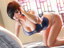 Rule 34 | 1girl, all fours, bare shoulders, black eyes, black hair, blue tank top, blush, breasts, chainsaw man, cleavage, commentary, english commentary, eyepatch, hand up, himeno (chainsaw man), large breasts, liang xing, lips, looking at viewer, mole, mole on arm, paid reward available, panties, parted lips, pillow, short hair, signature, solo, tank top, thighs, underwear, white panties, window