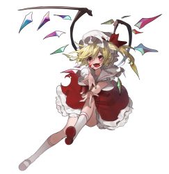 Rule 34 | 1girl, ankle socks, blonde hair, blood, blood on face, bow, collared shirt, crazy smile, crystal, dynamic pose, fangs, flandre scarlet, frilled skirt, frills, full body, hat, hat bow, looking at viewer, magonuri, mary janes, medium hair, mob cap, one side up, outstretched arms, red bow, red eyes, red footwear, red skirt, red vest, shirt, shoes, short sleeves, skirt, skirt set, slit pupils, smile, socks, solo, tongue, tongue out, torn clothes, touhou, unkempt, vest, white background, white hat, white shirt, white socks, wings