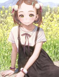 Rule 34 | 1girl, arm support, black dress, blush, bracelet, brown eyes, brown hair, commentary request, day, dress, field, flower, flower field, hair ornament, hairclip, highres, jewelry, looking at viewer, murata range, neck ribbon, original, outdoors, pom pom (clothes), ribbon, scrunchie, second-party source, shirt, short hair, short sleeves, sitting, smile, solo, upper body, white shirt, wrist scrunchie