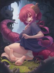 Rule 34 | 1girl, :d, arm up, barefoot, black shirt, breasts, cave, daxieshen huashi, dragon girl, dragon horns, dragon tail, drill hair, grass, half-closed eyes, horns, huge breasts, ilulu (maidragon), kneeling, kobayashi-san chi no maidragon, long hair, looking at viewer, low twintails, mace, no pants, on one knee, open mouth, outdoors, oversized clothes, panties, pointy ears, red hair, resolution mismatch, seductive smile, sharp teeth, shirt, shortstack, sidelocks, sitting, skull, slit pupils, smile, soles, solo, source larger, spikes, tail, teeth, twintails, underwear, weapon, white panties