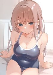 Rule 34 | 1girl, alternate hairstyle, atlanta (kancolle), bare arms, bare legs, bare shoulders, bed, black one-piece swimsuit, blanket, blush, breasts, brown hair, cleavage, closed mouth, collarbone, covered navel, earrings, grey eyes, highres, indoors, jewelry, kantai collection, large breasts, long hair, looking at viewer, one-piece swimsuit, sakieko, school swimsuit, single earring, sitting, solo, star (symbol), star earrings, swimsuit