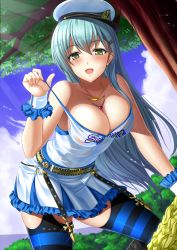 Rule 34 | 10s, 1girl, alternate costume, aqua hair, bare shoulders, belt, blue thighhighs, blush, breasts, character name, cleavage, cloud, covered navel, cross, day, forest, green eyes, hair ornament, hairclip, hat, jewelry, kantai collection, large breasts, long hair, miniskirt, nature, necklace, open mouth, peaked cap, pom pom (cheerleading), shibata rai, skirt, sky, smile, solo, strap pull, striped clothes, striped thighhighs, suzuya (kancolle), tank top, thighhighs, tree, wrist cuffs