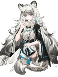 Rule 34 | 1girl, absurdres, animal ear fluff, animal ears, arknights, bead necklace, beads, bell, belt, black belt, black cape, braid, cape, chongmao, commentary, dress, grey eyes, grey thighhighs, hand up, highres, holding, holding bell, jewelry, kjerag logo, leopard ears, leopard tail, long hair, looking at viewer, necklace, pramanix (arknights), silver hair, simple background, solo, tail, thighhighs, twin braids, very long hair, white background, white dress