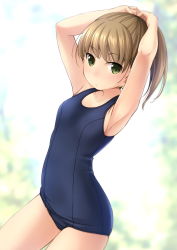 Rule 34 | 1girl, armpits, blue one-piece swimsuit, brown hair, cowboy shot, green eyes, highres, looking at viewer, old school swimsuit, one-piece swimsuit, original, ponytail, school swimsuit, shibacha, short hair, short ponytail, solo, swimsuit, tying hair, white background