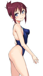 Rule 34 | 10s, 1girl, blue eyes, blue one-piece swimsuit, competition swimsuit, cowboy shot, folded ponytail, hashi, one-piece swimsuit, rail wars!, red hair, sakurai aoi, short hair, simple background, solo, swimsuit, white background