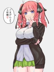 Rule 34 | 1girl, alternate hairstyle, black jacket, black ribbon, blue eyes, blue nails, blunt bangs, blush, breast hold, breasts, butterfly hair ornament, commentary request, cowboy shot, dress shirt, drill hair, drill sidelocks, eyebrows hidden by hair, eyelashes, garter straps, go-toubun no hanayome, green skirt, grey background, hair between eyes, hair ornament, hair ribbon, hand up, heart, highres, jacket, large breasts, lips, looking at viewer, marimo 625, medium hair, miniskirt, nail polish, nakano nino, open clothes, open jacket, parted lips, pink hair, pleated skirt, ribbon, school uniform, shirt, sidelocks, simple background, skirt, sleeves past wrists, smile, solo, speech bubble, standing, translated, twin drills, two side up, white shirt