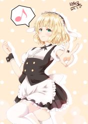 Rule 34 | 1girl, animal ears, apron, aqua eyes, black skirt, blonde hair, blunt bangs, bolo tie, breasts, closed mouth, collared shirt, commentary request, cowboy shot, dated, fake animal ears, fleur de lapin uniform, floppy ears, frilled apron, frilled cuffs, frilled shirt, frilled skirt, frills, gochuumon wa usagi desu ka?, highres, hinata tino, kirima syaro, looking at viewer, maid headdress, musical note, outstretched arm, polka dot, polka dot background, puffy short sleeves, puffy sleeves, rabbit ears, shirt, short hair, short sleeves, signature, silhouette, skirt, small breasts, smile, solo, speech bubble, spoken musical note, standing, standing on one leg, thighhighs, thighs, tsurime, underbust, v, waist apron, wavy hair, white apron, white shirt, white thighhighs, wing collar, wrist cuffs, yellow background, zettai ryouiki