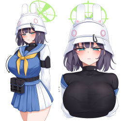 Rule 34 | 1girl, 82jhin, animal ear headwear, belt, belt pouch, black undershirt, blue archive, blue shirt, blush, breasts, fake animal ears, frown, halo, helmet, highres, jitome, korean commentary, large breasts, pleated skirt, pouch, sailor collar, saki (blue archive), shirt, skirt, white background