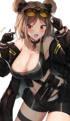 Rule 34 | 1girl, black choker, black gloves, black shirt, black shorts, blush, breasts, brown hair, choker, commission, cowboy shot, double bun, eyewear on head, girls&#039; frontline, gloves, hair bun, hana hebi, highres, large breasts, long hair, looking at viewer, midriff, navel, open mouth, p90 (girls&#039; frontline), partially fingerless gloves, pendant choker, red eyes, shirt, shorts, simple background, skeb commission, solo, sunglasses, tank top, thigh strap, thighs, torn clothes, torn shirt, white background