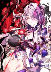Rule 34 | 1girl, absurdres, acheron (honkai: star rail), black choker, black gloves, breasts, choker, cocoballking, commentary, drawing sword, gloves, hair over one eye, highres, holding, holding sword, holding weapon, honkai: star rail, honkai (series), katana, large breasts, long hair, looking at viewer, multicolored hair, navel, official alternate color, official alternate hair color, purple eyes, purple hair, red eyes, sheath, solo, stomach, streaked hair, sword, unsheathing, very long hair, weapon, white hair