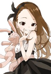 Rule 34 | 1girl, absurdres, black hairband, brown eyes, brown hair, commentary request, fingernails, hairband, highres, holding, holding stuffed toy, idolmaster, idolmaster (classic), long hair, looking at viewer, minase iori, simple background, sleeveless, smile, solo, stuffed animal, stuffed rabbit, stuffed toy, white background, yamamoto souichirou
