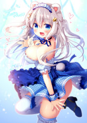 Rule 34 | 1girl, :d, animal ears, apron, bare shoulders, bear ears, bear girl, bear tail, between breasts, blue apron, blue eyes, blue footwear, blue skirt, blush, boots, breasts, cleavage, commentary request, detached sleeves, dress, fang, frilled apron, frills, grey hair, hair between eyes, hair ornament, hairclip, heart, high heel boots, high heels, highres, large breasts, long hair, maid, off-shoulder shirt, off shoulder, open mouth, original, plaid, plaid skirt, puffy short sleeves, puffy sleeves, sasai saji, shirt, short sleeves, signature, skirt, smile, solo, star (symbol), star hair ornament, tail, thighhighs, translation request, two side up, very long hair, waist apron, white dress, white sleeves, white thighhighs, x hair ornament