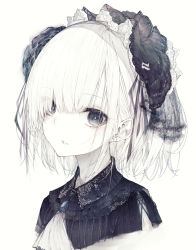 Rule 34 | 1girl, absurdres, ascot, black flower, black hairband, black rose, brooch, collar, eyes visible through hair, flower, frilled hairband, frills, grey eyes, hair between eyes, hair flower, hair ornament, hair over one eye, hairband, highres, hito komoru, huge filesize, jewelry, lace, lolita hairband, looking at viewer, open mouth, original, portrait, rose, short hair, simple background, solo, white ascot, white background, white hair