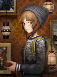 Rule 34 | 10s, 1girl, absurdres, backpack, bad id, bad pixiv id, bag, bandages, beanie, blush, breasts, brown eyes, brown hair, cable, chain, closed mouth, cross, earphones, fingernails, framed, from side, girls und panzer, hat, highres, holding, indoors, lantern, long sleeves, looking at viewer, matching hair/eyes, nishizumi miho, photo (object), picture frame, recursion, short hair, sleeves past wrists, solo, tomiya (tomiya2117), upper body, wall