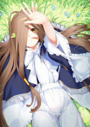 Rule 34 | 1girl, blue capelet, blue flower, bow, brown eyes, brown hair, capelet, commentary request, dress, flower, grass, hair over one eye, highres, leaf, long bangs, long hair, sense (sousou no frieren), solo, sousou no frieren, very long hair, white bow, white dress, wide sleeves, wo chi xiangjiao pi