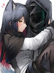 Rule 34 | 1girl, 1other, absurdres, ambiguous gender, animal ear fluff, animal ears, arknights, black gloves, black hair, black jacket, black pantyhose, blush, carrying, closed mouth, commentary request, doctor (arknights), extra ears, gloves, heart, highres, jacket, long hair, multicolored clothes, multicolored hair, multicolored jacket, pantyhose, princess carry, simple background, tab head, texas (arknights), two-tone hair, two-tone jacket, white background, white jacket, wolf ears, yellow eyes