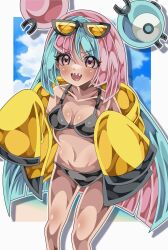 1girl bare_arms bare_legs bikini blue_hair blush bow-shaped_hair breasts character_hair_ornament cleavage collarbone creatures_(company) eyewear_on_head game_freak grey_bikini hair_ornament highres iono_(pokemon) jacket long_hair long_sleeves low-tied_long_hair multicolored_hair navel nintendo open_mouth oversized_clothes pink_hair pokemon pokemon_sv sharp_teeth shiki_(kisikisi1007) sleeves_past_fingers sleeves_past_wrists smile solo split-color_hair swimsuit teeth tinted_eyewear v-shaped_eyebrows very_long_sleeves yellow-tinted_eyewear yellow_jacket